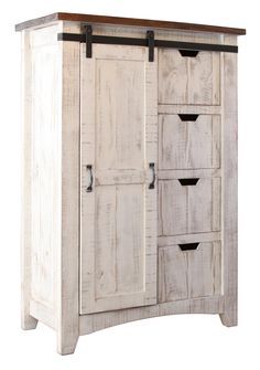 an old white wooden cabinet with four drawers and two doors on one side, the door is open