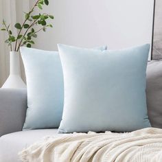 two light blue pillows sitting on top of a couch next to a vase with a plant