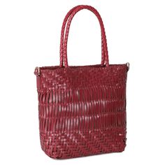 Small tote in wine woven leather. Fully lined with magnetic snap closure and inside pockets. Detachable woven shoulder strap. Red Woven Leather Shoulder Bag For Shopping, Chic Shoulder Bag With Interwoven Design For Travel, Chic Red Woven Leather Shoulder Bag, Red Intrecciato Weave Shoulder Bag For Shopping, Red Tote Shoulder Bag With Intrecciato Weave, Chic Shoulder Bag With Interwoven Design And Double Handle, Red Tote Bag With Intrecciato Weave, Chic Red Bags With Intrecciato Weave, Chic Red Bag With Intrecciato Weave