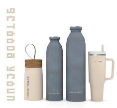 thermos and cups are next to each other in front of a white background