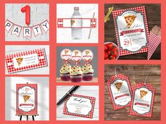 a collage of photos with cupcakes and pizza themed items on them, including one for the first birthday