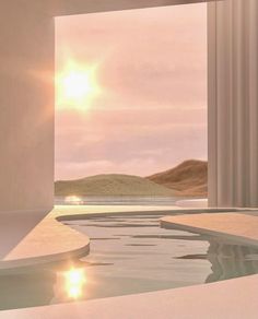 the sun shines brightly through an open window onto a body of water with steps leading to it