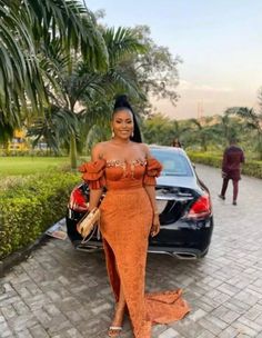 Queen Attire, Guest Wedding Dress, Wedding Asoebi, Aso Ebi Lace, Orange Lace Dress, Sequins Gown, Gala Night, African Party Dresses