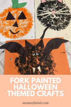 three halloween crafts with pumpkins, bats and cats on them for kids to make