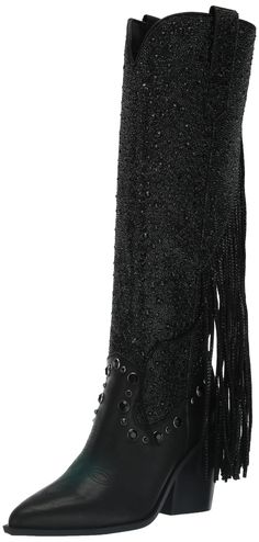 PRICES MAY VARY. Steve Madden Womens Heeled western boot All over rhinestone embellished Embellished fringe on back of the boot Pull-on Black Cowgirl Boots Steve Madden, Silver Sequin With Black Cowboy Boots, Black Boots Fringe, Steve Madden Bling Boots, Steve Madden Crystal Boots, Shearling Boots Woman, Manitobah Mukluks, Boot Pulls, Western Boots Women