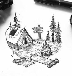 a drawing of a tent in the woods next to a sign that says campfire