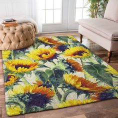 a rug with sunflowers on it in a living room