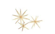 three gold star shaped objects on a white background, one is made out of sticks