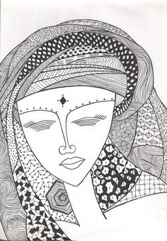 a black and white drawing of a woman's face with an intricate headdress