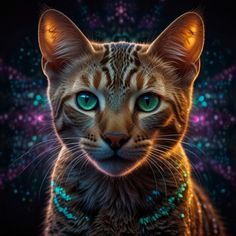 a close up of a cat's face with blue eyes and glowing stars in the background