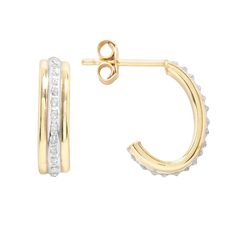 Just what you need. Featuring J-shaped hoops lined with diamond accents, these 18k gold-over-sterling silver earrings are essential to any woman's wardrobe. Polish every look with these Diamond Mystique hoop earrings. Earrings come in a gift box. Details:  1/2-in. length Pierced Post backings 18k gold over sterling silver Model no. SDF21553Y Image(s) may be enlarged to show detail. Diamond weights are approximate. Diamond total weights may vary between .01 and .08 ct. Some diamonds have fewer th Gold Hoop Diamond Earrings Channel Set, Gold Small Hoop Earrings With Channel Set, Everyday Gold Hoop Diamond Earrings, Gold Small Hoop Diamond Earrings Channel Set, Gold Hoop Diamond Earrings, Silver Model, Presents For Mom, Diamond Hoop Earrings, Jewelry Earrings Hoops