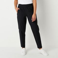 This comfortable pair of Stylus women's pull-on slim-fit pants are an effortless style choice for casual days. They are cut from a woven stretch fabric in a mid-rise with an elastic waistband and side slip pockets. Pair yours with a tee and slides.Front Style: Flat FrontFeatures: Stretch FabricClosure Type: Full ElasticFit: Regular FitPockets: 2 Front Slip PocketsRise: Mid RiseFiber Content: 78% Nylon, 22% SpandexFabric Description: TricotInseam: 29 InLeg Style: Slim LegCare: Tumble Dry, Machine Pull On Pants Outfit, Levis Straight Leg Jeans, Black Tennis Shoes, Ankle Pants Women, Work Pants Women, Everyday Pants, Lightweight Pants, Teacher Outfits, Girl Stuff