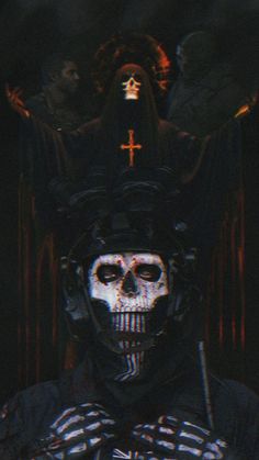 a skeleton with a cross on it's head in front of a dark background