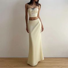 French Summer Satin Top & Maxi Skirt Set Sweetheart Neckline Top, Elegant Theme, Bow Crop Tops, Satin Crop Top, Party Kleidung, Plain Style, Top Skirt Set, Long Skirts For Women, Vestidos Vintage