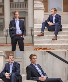 a man in a suit and tie sitting on steps