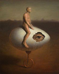 a painting of a man standing on an egg with the eye in it's center