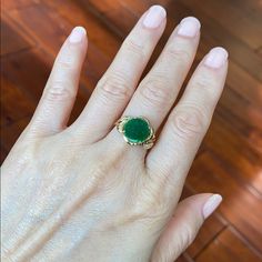 Description: 14k Solid Yellow Gold Round Green Jade Ring Item No.: R00025 Metal Type: 14k Real Gold, Not Filled Or Plated. (Stamped "18k" But Only Pass Our 14k-16k Test, So We Have This For Sale As 14k Gold ) Metal Color: Yellow Gold Type Of Stone: Glass B Jade And Cubic Zirconia Measurement: Size 7. Jade: 10 Mm Approximate Weight: 2.72 Gram(S) Brand New With Box, Never Worn, Fine Jewelry Emerald Ring In Yellow Gold With Diamond, Yellow Gold Diamond Emerald Ring Hallmarked, Luxury 14k Yellow Gold Emerald Ring, Yellow Gold Emerald Ring With 17 Jewels, Yellow Gold Emerald Ring With Diamond, Luxury Green Diamond Ring Stamped 14k, Luxury Cushion Cut Emerald Ring In Yellow Gold, Luxury Yellow Gold Cushion Cut Emerald Ring, Fine Jewelry Emerald Ring In Cushion Cut Yellow Gold