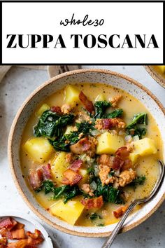 a bowl of zupa toscana soup with bacon, spinach and cheese