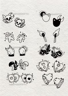 some black and white drawings on paper with different symbols in the shape of heart shapes