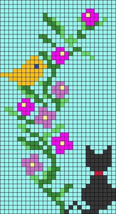 a cross stitch pattern with flowers and a black cat on the bottom right hand corner