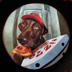 a painting of a dog holding a slice of pizza in its mouth and wearing a red hat