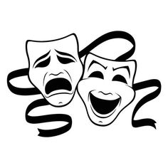 two theatrical masks with mouths open and tongues out, black and white illustration on a white background