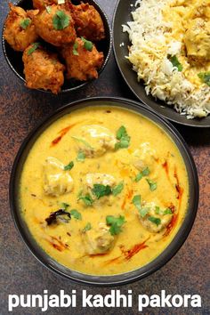 three bowls of food on a table with the words puribi kadi pakora