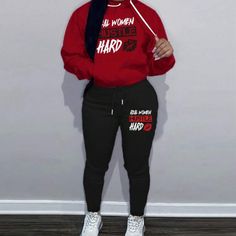 Red & Black Letter Graphic Drawstring Hoodie & Sweatpants Calvin Klein Joggers, Silk Joggers, Lululemon Joggers, Sweatpants With Pockets, Green Joggers, Adidas Joggers, Casual Sweatpants, Hoodie And Sweatpants, Acid Wash Jeans