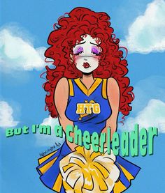 a painting of a cheerleader with her face painted like a clown and the words, but i'm a cheerleader