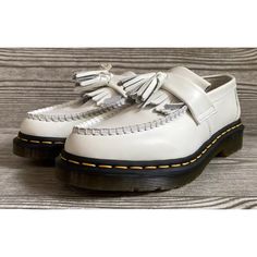 Dr. Martens Adrian Ys Shoes White Leather Tassel Loafers ++Womens Size 6++ New And Unworn Fast Ship White Leather Loafers With Tassels, White Leather Casual Tassel Loafers, White Leather Tassel Loafers For Spring, Casual White Leather Tassel Loafers, White Tassel Loafers With Round Toe For Spring, White Tassel Loafers For Spring Workwear, White Round Toe Casual Tassel Loafers, White Casual Tassel Loafers With Round Toe, White Tassel Loafers For Work With Round Toe