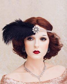 "Pearl Great Gatsby Headpiece, Gray Feather Pearl Brooch Art Deco Headband, Daisy Costume, 1920's Accessories Stunning Art Deco inspired flapper headband made with blush feathers and a stunning pearl brooch and rhinestone trim. ♥The rhinestone headband is available in silver and rose gold colors. The rhinestone tri is 16\" ong and has elastic band in the back, it matches the color of the feathers. Earrings are available for purchase. Our accessories are made to order, so if you want to customize Vintage Formal Headband Headpiece, Vintage Headband For Formal Occasions, Vintage Formal Headband, Daisy Costume, 1920s Themed Party, Feathers Earrings, Great Gatsby Headpiece, 1920s Accessories, Flapper Accessories