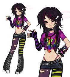 a drawing of a girl with black hair and colorful clothes, holding her hands out to the side