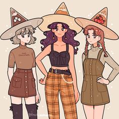 three girls wearing witches hats and plaid pants, one with her hands on her hips