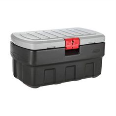 a black and grey cooler with red handles on it's side, sitting against a white background