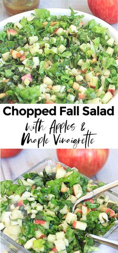 chopped fall salad with apples and melon vinnesite in a glass dish on a white table