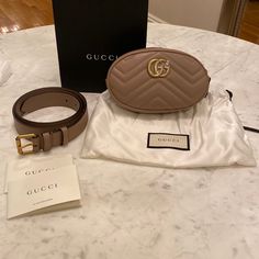 Authentic Gucci Belt Bag Made In Italy Brand New With Dust Bag, Cards, Original Shopping Bag And Packaging Material. In Butter-Soft Porcelain Rose/Rose Beige Leather, This Compact Gg Marmont Belt Bag From Gucci Is Accented With A Gold-Tone Logo Plaque. Featuring A Chevron Pattern, An Adjustable Fit, A Top Zip Closure And An Internal Slip Pocket. Can Be Worn As A Belt Bag, Cross Body Bag Or Clutch (Detachable And Adjustable Waist Belt). Beige Suede Interior With A Slip Pocket. Composition: Calfsk Brown Leather Gucci Belt Bag, Gucci Brown Leather Belt Bag, Luxury Belt Bag With Branded Hardware, Gucci Luxury Leather Belt Bag, Gucci Leather Belt Bag With Removable Pouch, Luxury Designer Belt Bag With Gold-tone Hardware, Gucci Marmont Belt, Gucci Luxury Belt Bag With Gold-tone Hardware, Gucci Gg Marmont Matelasse