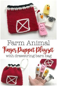 crochet farm animal finger puppet play set with drawstring barn bag