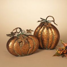 two decorative pumpkins sitting next to each other