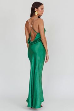 Shop the Danijela Cowl Neck Pearl Satin Maxi Dress Emerald | Selfie Leslie Green Cowl Back Dress, Pre-draped Cowl Back Maxi Dress For Evening, Captivated Emerald Green Cowl Neck Maxi Dress, Pre-draped Satin Maxi Dress With Cowl Back, Green V-neck Satin Maxi Dress, Yellow Bridesmaid Dresses, Yellow Bridesmaids, Veil Hairstyles, Bridal Event