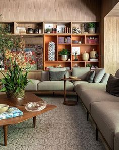 a living room filled with furniture and bookshelves next to a plant in a vase