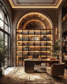 an elegant office is lit up with gold lights and bookshelves on the wall