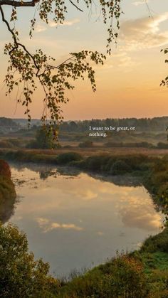 a lake with trees and grass in the foreground at sunset, with an inspirational quote above it