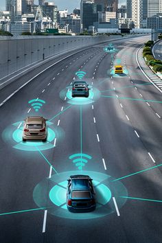 an image of cars driving on the road with wifi connected to it's lanes