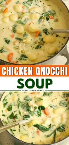 chicken gnocchi soup in a pot with spinach and carrots