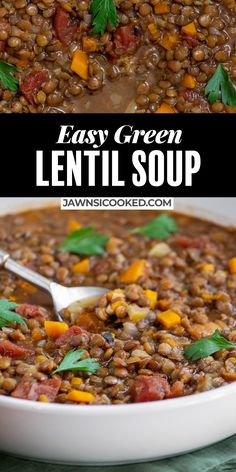 easy green lentil soup in a white bowl with a spoon on the side and title text overlay