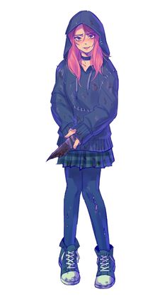 a drawing of a girl with pink hair and blue clothes holding a knife in her hands