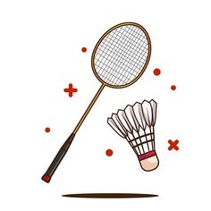 a badminton racquet and two shuttles on a white background with red dots