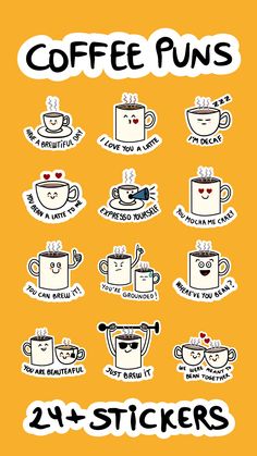 Coffee PunsFununique stickers to share your coffee sense of humorCoffee Puns Download for iPhoneSTEPrimo.com Coffee Shop Quotes, Caffeine Quotes, Cafe Quotes, Coffee Notes, Tea Puns, Coffee Puns, Coffee Jokes, Coffee Shop Signs, Coffee Quotes Funny