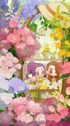 two cartoon characters are surrounded by flowers