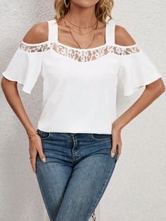 Blanco Casual Collar manga media Tela tricotada Liso Top Embellished No-Elástico White Lace Shirt, Sports Jackets Women, Navidad Diy, White Lace Top, Tops Fashion, Ladies Tops, Cold Shoulder Blouse